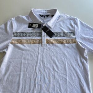 Travis Mathew White Polo with Gold and Gray Pattern